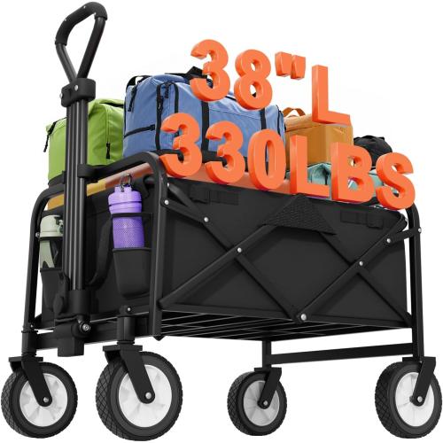 Viscamp Collapsible Wagon Folding Foldable Garden Cart with Large Capacity, 330 LBS Capacity Portable Utility Wagon Cart Heavy Duty for Beach Camping Shopping Garden,Black