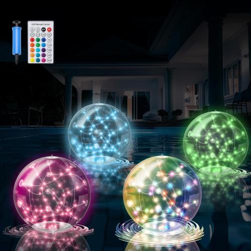 COLORFUL LED LIGHTS Solar Pool Lights, 4 Pcs 14.5 Floating Balls IP67 Waterproof Inflatable Solar Powered Lights, Timer 16 Colour with Remote Control for Pool Snowy Beach Yard Wedding Party Night Decor