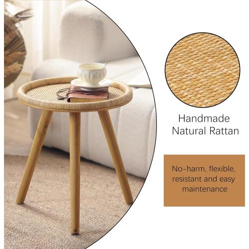 Small Side Table, Rattan Round Coffee Table, Boho Circle Side Tables End Table for Living Room, Mid Century Accent Table for Bedroom Balcony