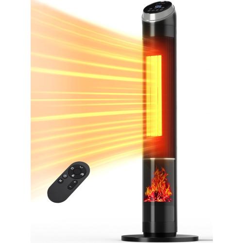 38 Electric Space Heater With Flame, 24H Timer, Remote, Thermostat, 3 Modes, Tip-Over and Overheat Protection for Indoor, Bedroom, Office, Large Room Use