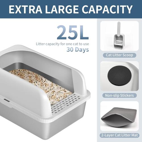 Size 19.6 L x 14 W x 12 H  Stainless Steel Cat Litter Box with Lid High Wall Sides Enclosure, Non-Sticky, Anti-Leakage, Easy Cleaning, with Cat Mat & Metal Scoop, 19.6 L x 14 W x 12 H