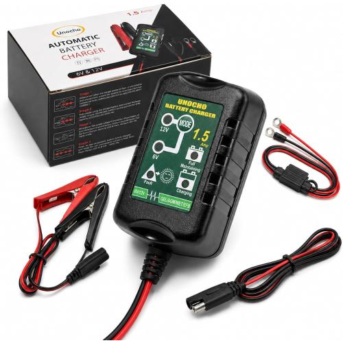 Unocho 6V/12V Battery Charger Maintainer 1.5A Automatic Trickle Charger Smart Float Charger for Car Motorcycle Lawn Mower Boat ATV Snowmobile Lead-Acid AGM GEL SLA VRLA WET Batteries