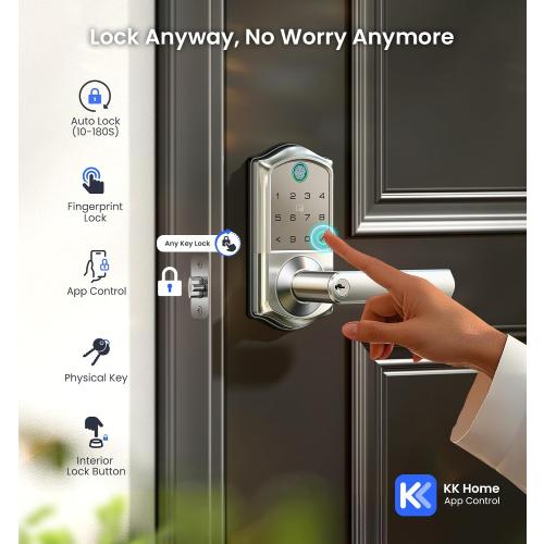 Veise VE019 Fingerprint Smart Lever Lock - APP Control, Keypad Door Lock with Handle, Keyless Entry for Front Door and Bedroom, Electronic Digital Knob, Remote Grant, IP55 Weatherproof, Satin Nickel