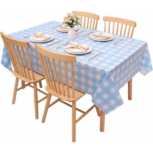 Light Blue Gingham Tablecloth Pale Blue and White Checkered Tablecloths 54 x 108 Inches Disposable Plastic Gingham Tablecovers Waterproof Rectangle Picnic Table Cover for Birthday Party