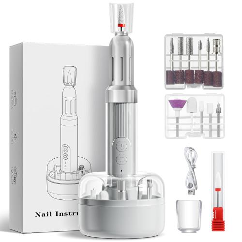 WHITE Electric Nail File, Cordless Nail Drill with 12pcs Bits, Professional 6 Speeds Manicure Kit for Women for Acrylic Gel Nails, Portable E-File with Rechargeable Base, Polishing Grinder for Salon Home