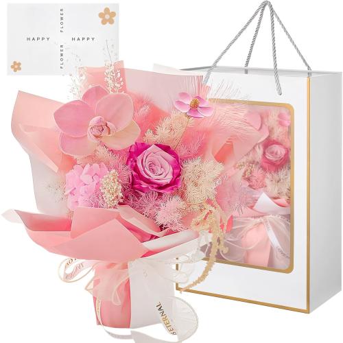 Color Pink Preserved Flowers Bouquet for Women, Eternal Flower Bouquet in Present Box, Real Dried Rose for Valentine's, Birthday, Graduation, Pink-White Mix with Card
