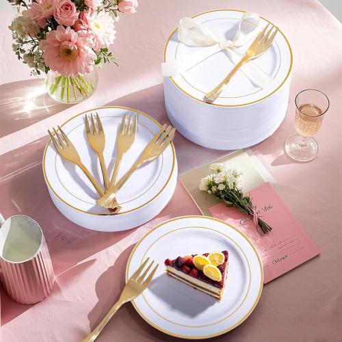 WELLIFE 240 Pcs Disposable Dessert Plates with Gold Plastic Forks, 120 White 6.5 Inch Appetizer Cake Salad Plates with Gold Rim, Party Tableware Set for 120 Guests, Wedding, Birthday, Catering