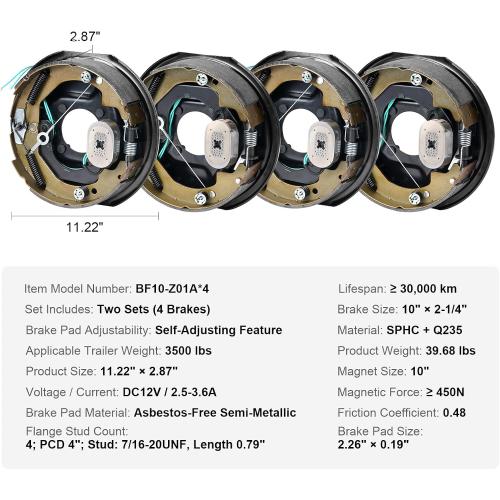 VEVOR Electric Trailer Brake Assembly, 10 x 2-1/4, 2 Pairs Self-Adjusting Electric Brakes Kit for 3500 lbs Axle, 4-Hole Mounting, Backing Plates for Brake System Part Replacement (2 Right   2 Left)