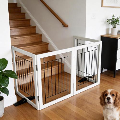 ZJSF Freestanding Dog Gate Indoor, Foldable Dog Fence for Doorways,Hallways or Stairs, Sturdy Wood Extra Wide Pet Gate with Support Feet,White,32 Height-3 Panels