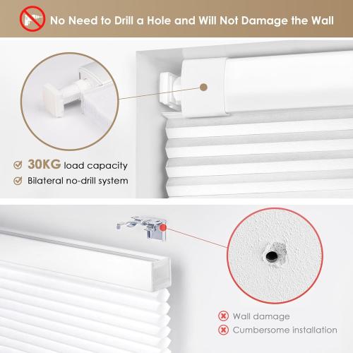 LazBlinds No Tools No Drill Cordless Cellular Shades, Blackout Light Blocking Honeycomb Shades for Home, Thermal Insulation Blinds for Windows, 36 W x 64 H, White