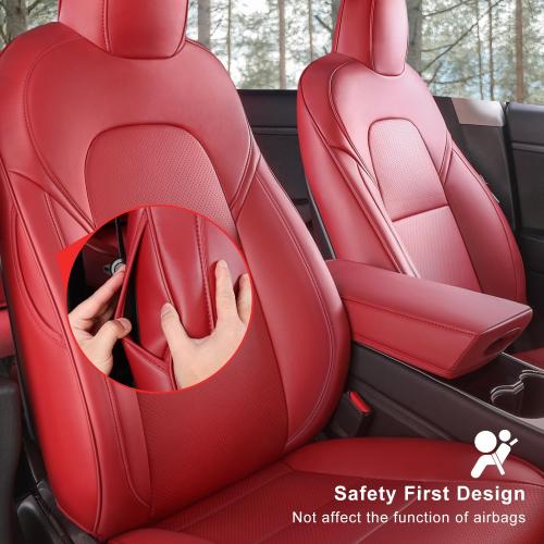 Tesla Model 3 Car Seat Covers Nappa Leather Car Interior Seat Airbag Compatible Cushion Cover Full Set Custom Fit 2023 2022 2021 2020 2019 2018, Nappa Wine Red