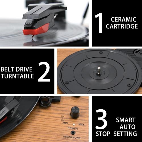 MPK Vintage Style 3 Speeds Wireless Input Record Player, Built-in Dual Premium Speakers,Belt Drive,RCA Output,Aux in,Fulll Size Platter Turntable, Yellow Wood