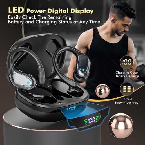 Color Black Wireless Earbuds, Sports Bluetooth Headphones, 80Hrs Playtime Ear Buds with LED Power Display, Noise Canceling Headset, IPX7 Waterproof Earphones for Workout/Running