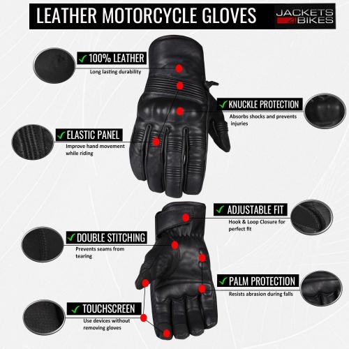 Size Large Black Jackets 4 Bikes Men's Motorcycle Leather Gloves - Cruiser Protective Premium Gloves with Gel Padding, Knuckle & Palm Protection for Street Riding Black L