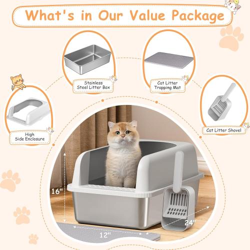 Suzzipaws Stainless Steel Litter Box with Lid, Metal Litter Box with Cat Litter Mat,Extra Large Enclosed Cat Litter Boxes for Multiple Cats, Anti-Leakage,Non-Stick, Easy to Clean, Included Mat, Scoop