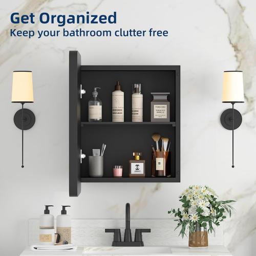 Medicine Cabinet with Mirror, 14x18 Inch Black Bathroom Mirrored Cabinet, Metal Framed Wall Cabinet with Beveled Mirror, Modern Surface Mount or Recessed Medicine Cabinet with Storage