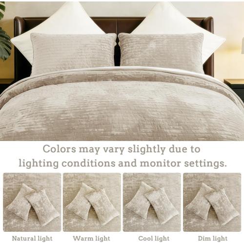 Quilt Set Oversized King Size 120x120 Luxurious Velvet Bedding Sets with 2 Pillow Shams 20x36 3 Pieces Ultra Soft Quilted Striped Bedspread Coverlet Comforter for All Season,Beige | for sensitive skin