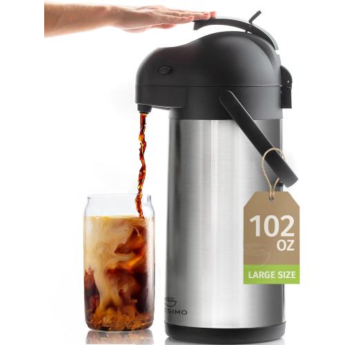 Cresimo Coffee Carafe with Pump - 102oz / 3L Airpot 12 Hours Large Hot Water Carafe, Cocoa Dispenser for Parties - Tea Flask, Insulated Stainless Steel Air Pots for Hot Beverage Dispenser -Coffee Pump