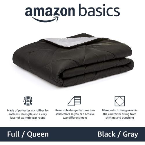 Amazon Basics Comforter Blanket Full/Queen, Reversible, Lightweight Microfiber, All Season, Black/Grey