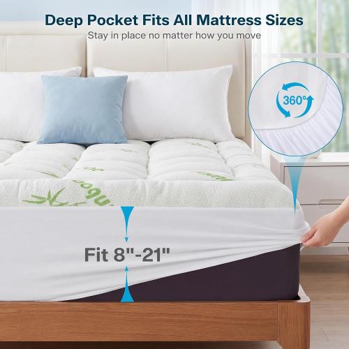 Waterproof Queen Size Mattress Topper Viscose Derived from Bamboo, Extra Thick Mattress Pad for Back Pain, Cooling Mattress Protector with Deep Pocket 8-21, Green,Queen