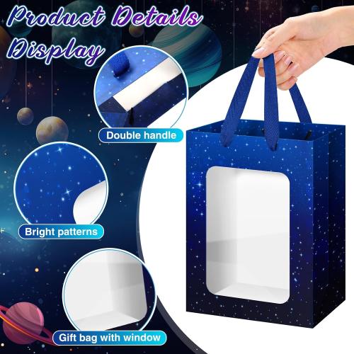 24 Pcs Space Party Favor Bags for Kids, Galaxy Birthday Goodie Bags with Window Treat Candy Bag for Space Stars Themed Birthday Decorations Supplies (Starry Sky)