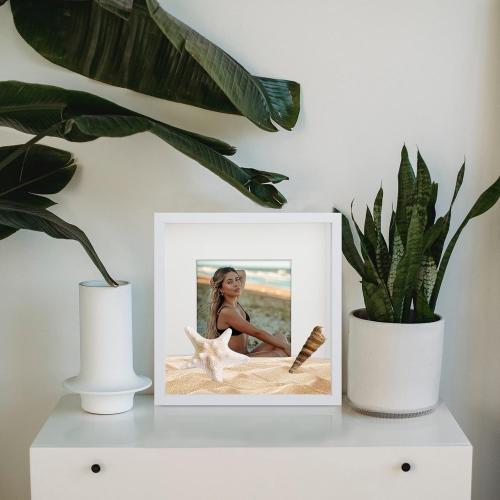 2pcs Shadow Box Frame, 9x9 3D Picture Frame with Cream-Colored Mat for 5x5 Photos, Shadowbox Display Cases with Real Transparent Glass - White/ 1.2 Inch Depth