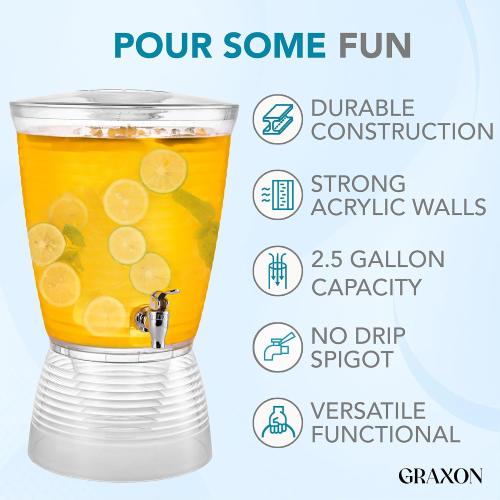 Drink Dispensers for Parties (2.5 Gallon) Large Plastic Water Dispenser for Counter Tops, No Mess, Easy to Assemble & Wash, Up to 40 Drinks