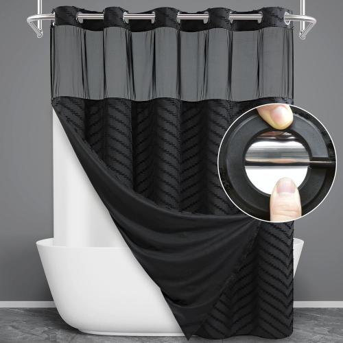 No Hook Shower Curtain with Snap in Liner, Black Tufted Chevron Striped Shower Curtains for Bathroom, Waterproof & Washable, 71Wx74H