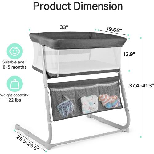 Cowiewie Bassinet Bedside Sleeper,Baby Bassinet Slides Over Bed,5-Height Adjustment & Breathable All-Mesh Wall Bedside Bassinet for Baby,Space-Saving Bedside Crib, Height(37.4-41.3), Dark Grey