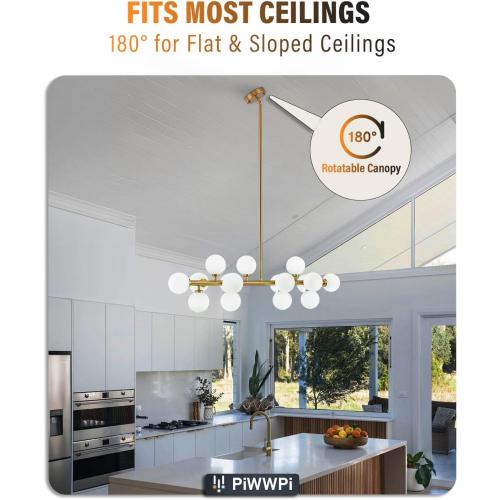 Glass Globe Sputnik Chandelier, 16-Light Mid Century Modern Light Fixture Over Table, Linear Chandeliers for Dining Room, Kitchen Island, Brass Gold and Milk White Bubble, 40 Inch, GC-02