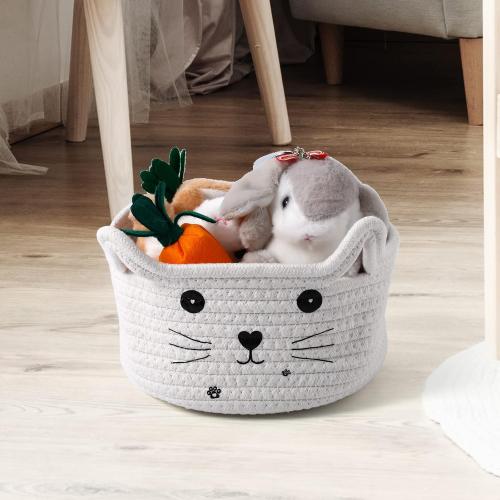 Zopeal Cat Basket Storage Woven Organizer with Ears Easter Decorative Gift Pet Toy Cute Cotton Rope Basket for Gift Cat Dog Toy Bin Nursery Room(8.3 x 4.7 Inch,White)