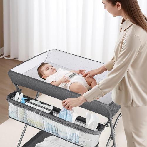 GREY Baby Changing Table with Wheels, Maydolly Portable Adjustable Height Folding Diaper Station with Nursery Organizer & Storage Rack for Newborn Baby and Infant (Dark Grey)