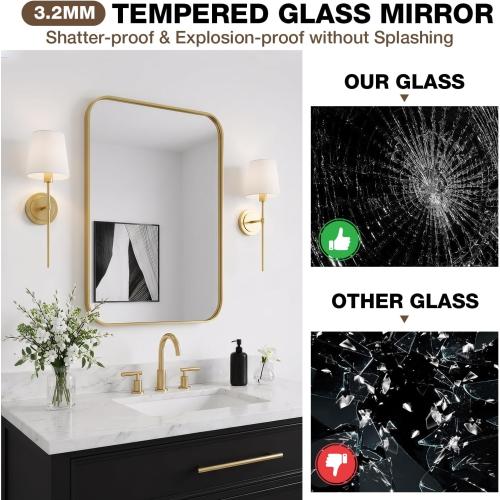24x36 Inch Bathroom Mirrors for Over Sink, Brushed Gold Rectangle Mirror for Bathroom or Entryway, Wall Mounted Vanity Mirror with Aluminum Alloy Frame & Tempered Glass, Hangs Horizontally/Vertically