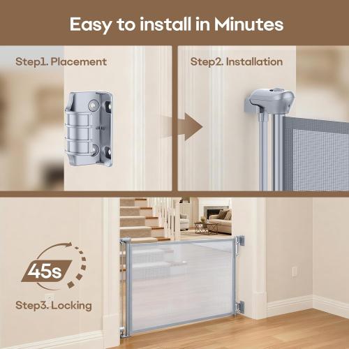 SPACEANY Retractable Baby Gate for Stairs & Doorways - 55 Wide Portable Safety Gate | Fits Baseboards, Easy to Use Indoor/Outdoor | Mesh Gate for Dogs, Puppies, Gray