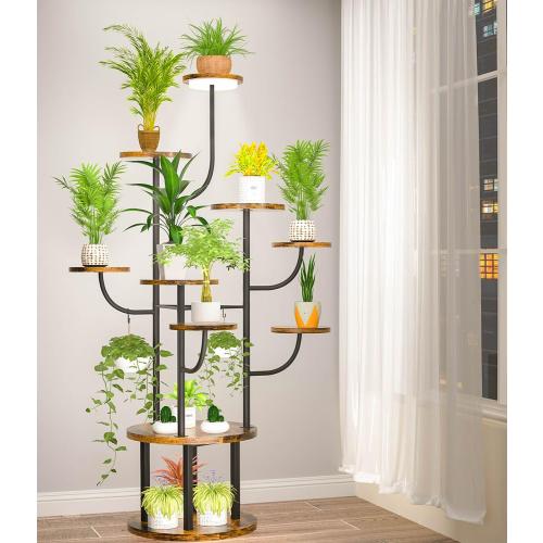 Size 60  Color Black Tall Indoor Plant Stand 10 Tiered Adjustable with Grow Light,Metal Rotating Plant Shelf for Multiple Plant Display Indoor, Flower Holder Stand for Living Room,Bedroom,Office,Balcony