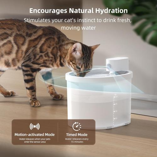 uahpet Cat Water Fountain, Wireless & Battery Operated 2L/67oz Pumpless Automatic Pet Fountain with Motion Sensor, Food-Grade ABS Tray, Easy to Clean Water Dispenser for Cats