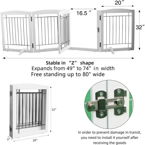 ZJSF White Freestanding Foldable Dog Gate with Door Walk-Through, 4 Panels Tall, 32-Inch H, Iron, Latch