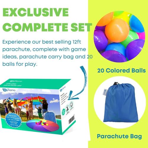 Parachute Toys for Kids with 8 Handles 12ft - Balls Included - Gym Class Rainbow Color Parachute for Cooperative Group Play - Waterproof and Reinforced Stitching