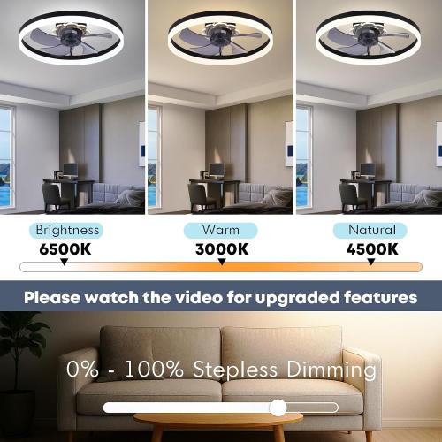 Fszdorj 23.6'' Ceiling Fan with Light, Upgraded Low Profile Fan, Flush Mount Ceiling Fan, 6 Speeds, Dimmable LED, App & Remote Control, Quiet DC Motor, for Bedroom, Living Room, F115 Black N