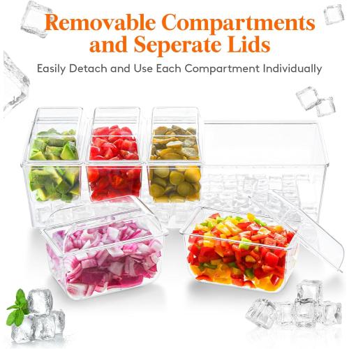 Lifewit Ice Chilled Condiment Caddy with 5x 20oz(2.5 cup) Containers, 15.3 Condiment Server with Separate Lids, Serving Tray Platter with Removable Dishes for Bar, Fruit, Salad, Taco, Party Garnish