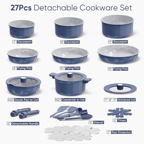 CAROTE 27pcs Ceramic Cookware Set Nonstick, Pots and Pans Set Non Stick, Non Toxic Cookware Detachable Handles, Dishwasher/Oven Safe, RV/Camping Cookware with Kitchen Utensils, Blue