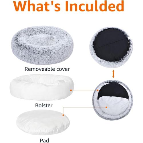 Amazon Basics Washable Donut Pet Bolster Faux Fur Bed with Removable Cover, Anti-Slip Bottom for Dog, Grey, 23 x 23