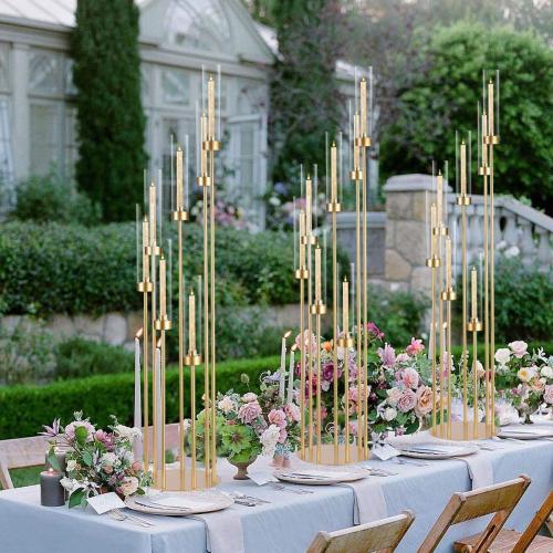 2Pcs Gold 7 Arm Candelabra Candle Stand for Wedding, Metal Candlestick Holder with Acrylic Lampshade for Theme Party Table Centerpieces Wedding Holiday Birthday Party (48Inch) Fit LED Taper Candles