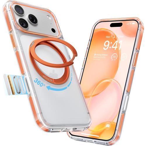 TORRAS 360 Magnetic Stand for iPhone 17 Pro Max Case, [Fit for MagSafe] [4X Military-Grade Protection] Slim Case for iPhone 17 Pro Max 6.9 2025, Clear-Orange, Ostand O3 Fitness Series
