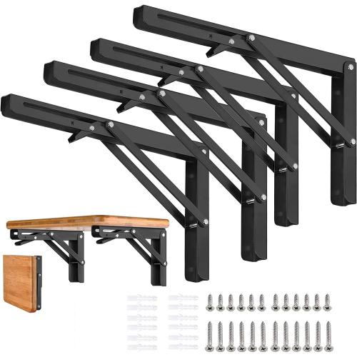 Folding Shelf Brackets - 18 inch 4 Pcs DIY Wall Mounted Shelf Brackets for Garage Workstation, Stuff Supports, Plant Stand - Heavy Duty Metal Collapsible Floating Shelf Bracket Black