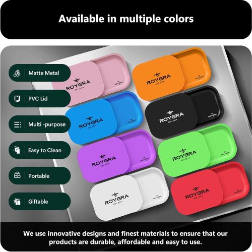 roygra Rolling Tray with Magnetic Lid Set, Small Metal Tray with Lid, Cigarette Pre Roll Smoking Accessories, Portable Smell Proof Rolling Trays for Smokers, Home Table Decor, 7 x 5.5 inch - Purple
