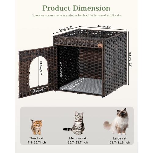 SETVSON Cat Litter Box Enclosure Furniture, Hidden Litter Box with Mat and Fence, Handwoven Rattan Cat House with Two S-Shaped Hooks for Living Room, Bedroom, 18.5 x 20.5 x 19.1 Inches (Brown)