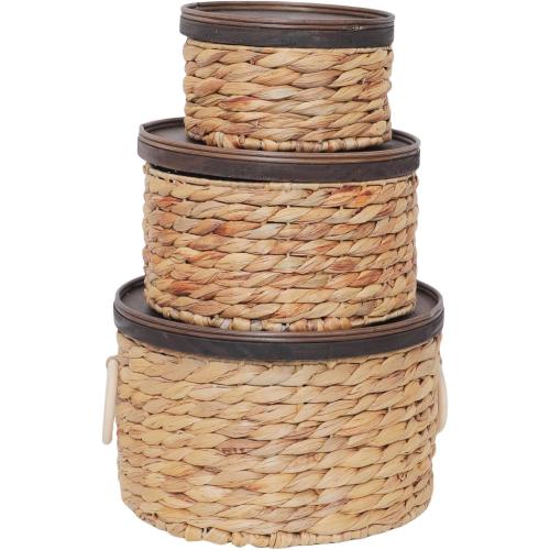 Water Hyacinth Storage Basket with Wood Lid - Handwoven Round Shelf Basket for Organizing, Rustic Woven Basket with Handle (Set of 3) for Living Room,bed room,Closet,Kitchen&Pantry