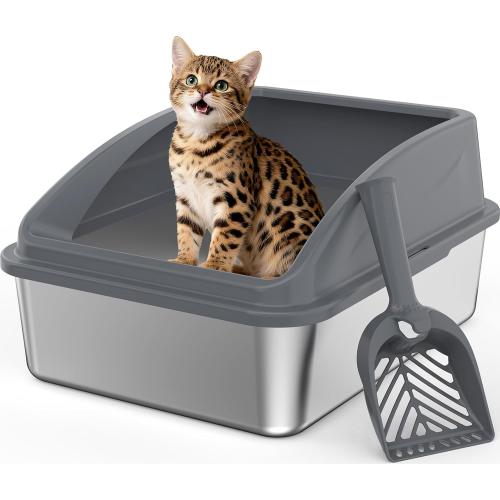 Stainless Steel Litter Box, Metal Kitty Litter Box with Scoop, Anti-Leakage Top Entry, Non-Sticky, Easy to Clean