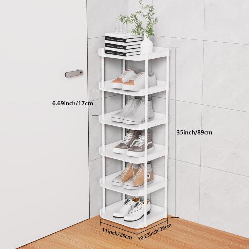 6 Tier Narrow Shoe Storage Rack, Compact Single Shoerack Stand for Slim Space, Stackable Tall Thin Show Tower, Solid Plastic Shelves, for Hallways, Kitchens, Bedrooms Tidy Organizer, White